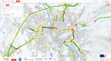 Aus den Fahrten generierte Verkehrslage in der in der Stadt Salzburg.