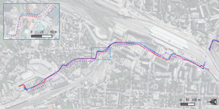  Bicycle GPS tracks in the city of Salzburg: Leica antenna track (red points) compared to smartphone GPS tracks (blue and purple) (background © basemap.at)