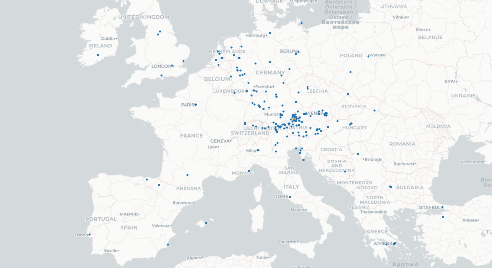 Europakarte mit Aufenthaltsorten als Punkte