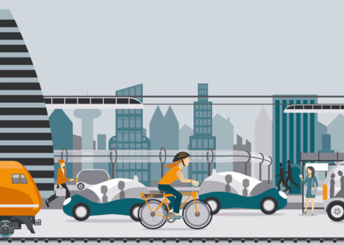Zeichnerische Darstellung einer Zukunfts-Stadt mit unterschiedlichen Verkehrsmitteln