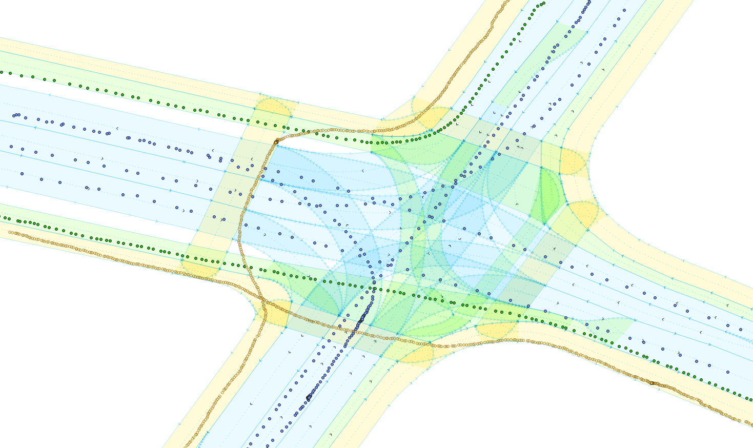 A sample of trajectories from the LiDAR system with our lane-accurate digital map in the background. Blue = vehicle, green = cyclist, yellow = pedestrian.