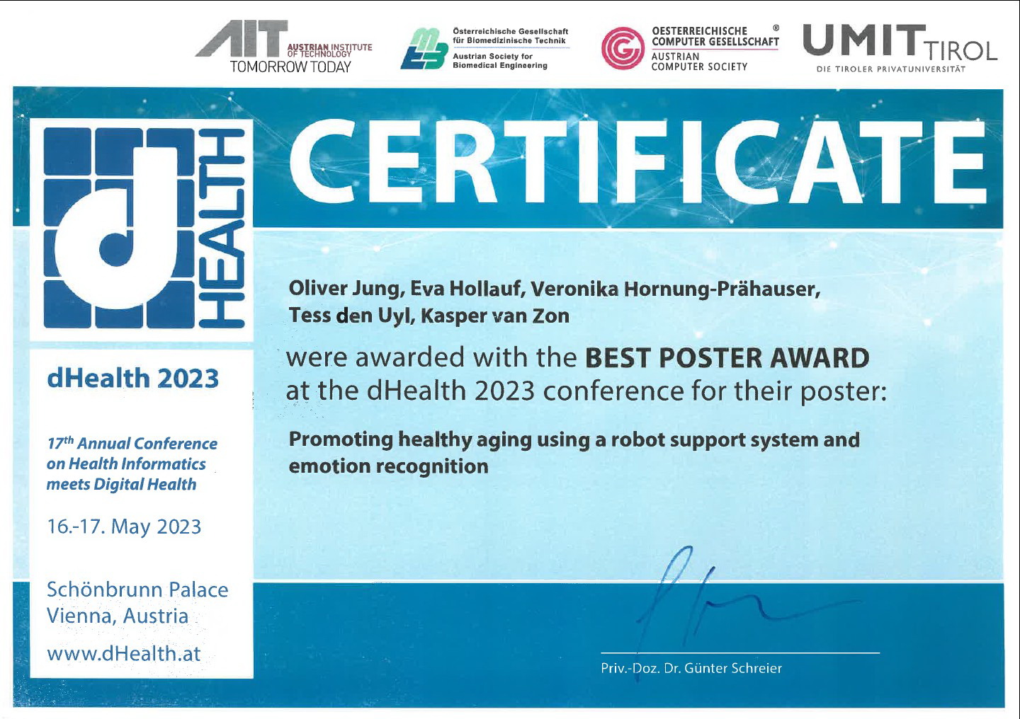 dHealth Best Poster Award: Zertifikat