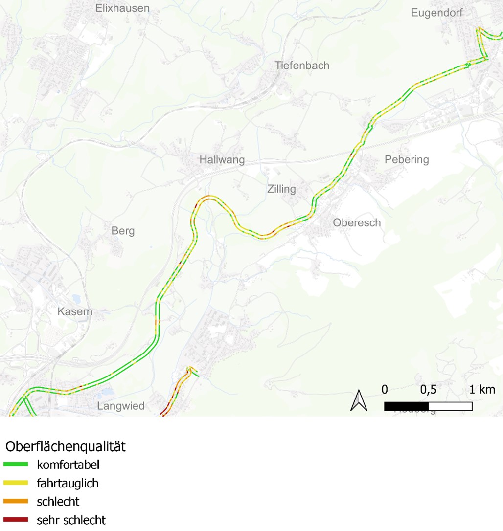 Detailauswertung der erfassten Oberflächenqualität entlang eines Radkorridore im Umland von Salzburg. © Salzburg Research/gip.gv.at/OpenStreetMap