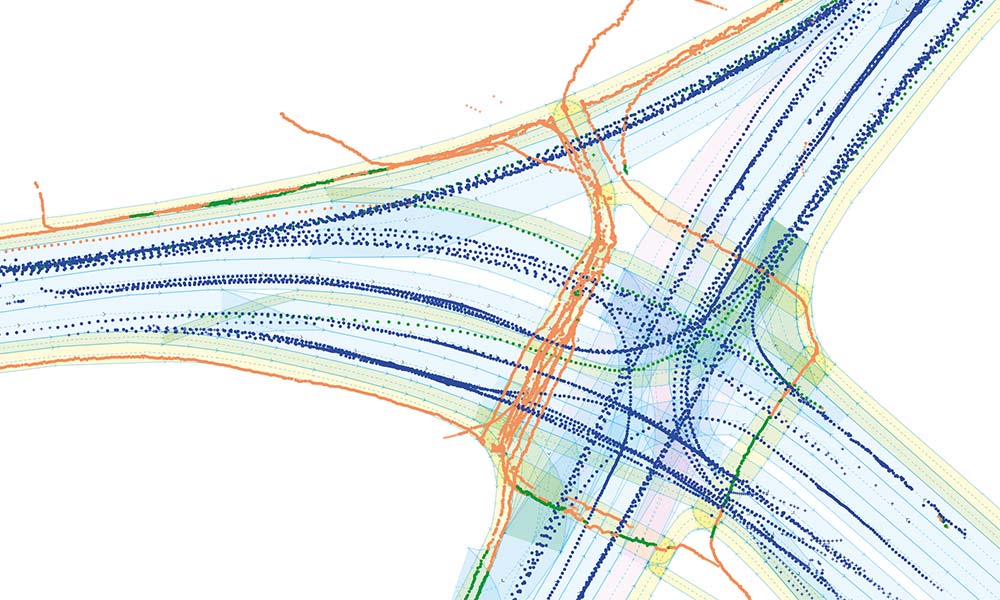 1 Minute an der Kreuzung Linzer Bundesstraße/Sterneckstraße in der Stadt Salzburg: Trajektorien verschiedener Verkehrsteilnehmender