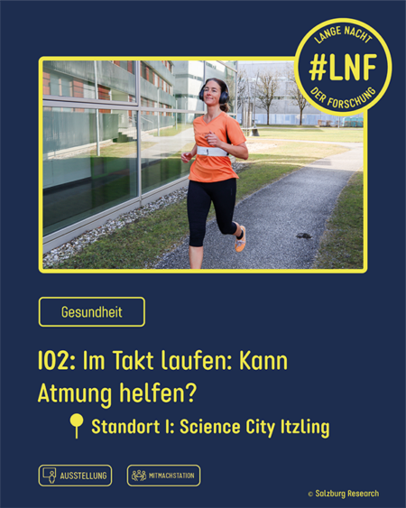 Station 02: Mit dem „Breathing Belt“ lässt sich am Laufband erleben, wie Atmung und Schrittfrequenz beim Laufen zusammenwirken – inklusive Feedback und einer Challenge zwischen Salzburg und Graz.
