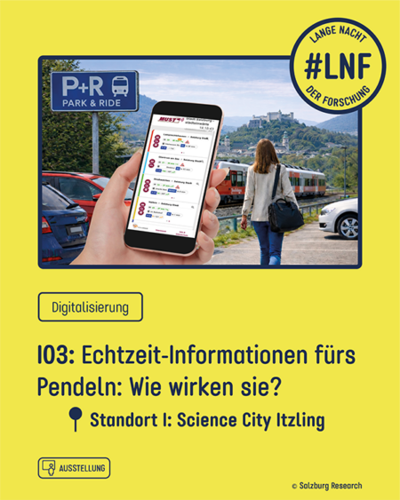 Station 03: Ein Echtzeit-Dashboard zeigt für sechs Pendelkorridore rund um Salzburg aktuelle Fahrzeiten, Störungen und verfügbare Park+Ride-Plätze und ermöglicht den Live-Vergleich von Auto und Öffis.