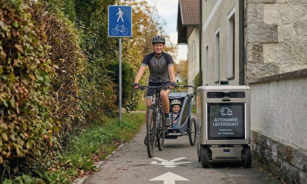 Ein Radfahrer mit Helm fährt auf einem schmalen Weg neben einem Haus und zieht einen Kinderanhänger, in dem ein Kind sitzt. Daneben fährt ein kleiner autonomer Lieferroboter mit der Aufschrift „Autonomer Lieferdienst“. Ein Verkehrszeichen weist den Weg als gemeinsamen Fuß- und Radweg aus.