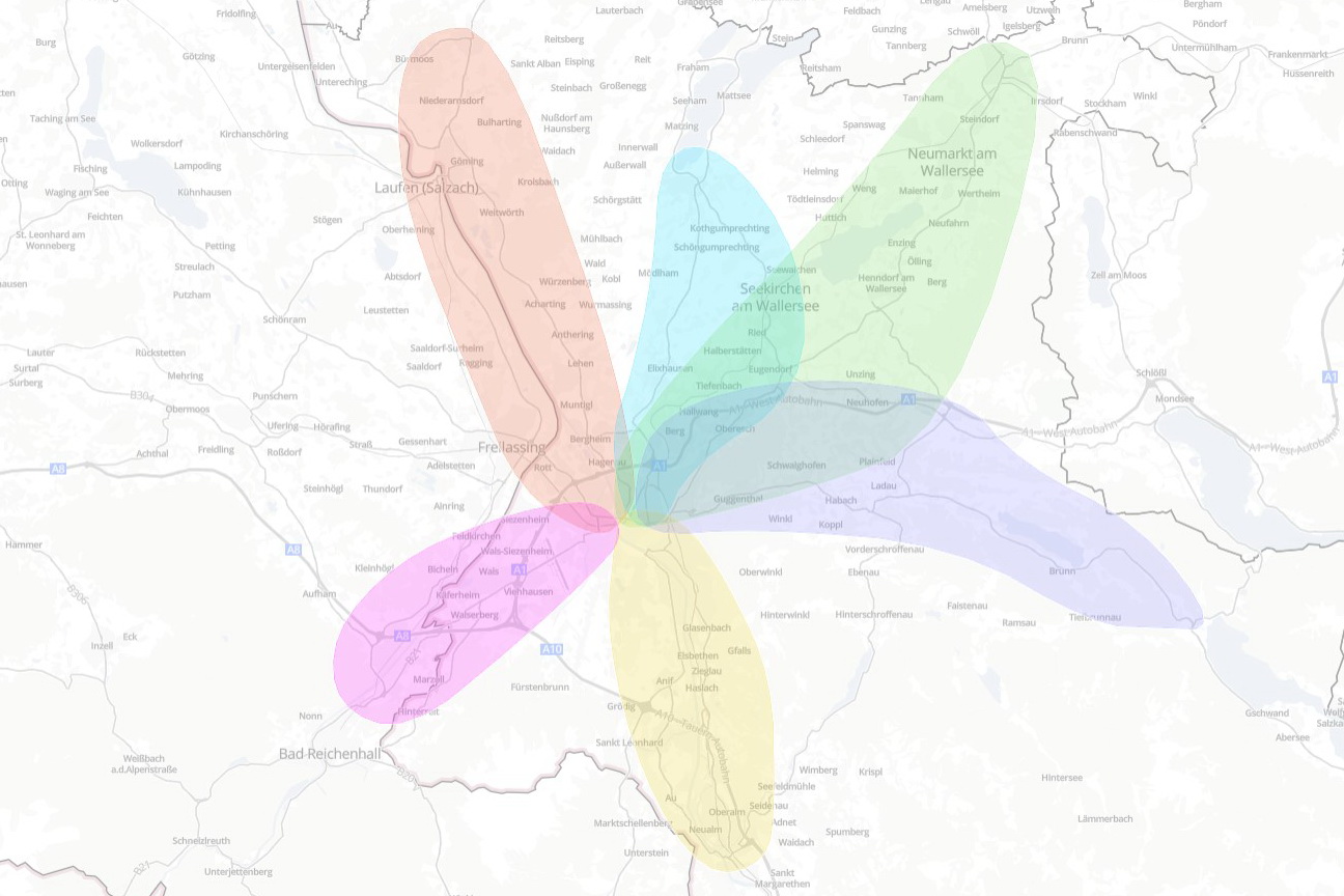 Screenshot vom MUST-Dashboard: Übersicht über die 6 Pendelkorridore (c) Salzburg Research, Kartendaten: OpenStreetMap