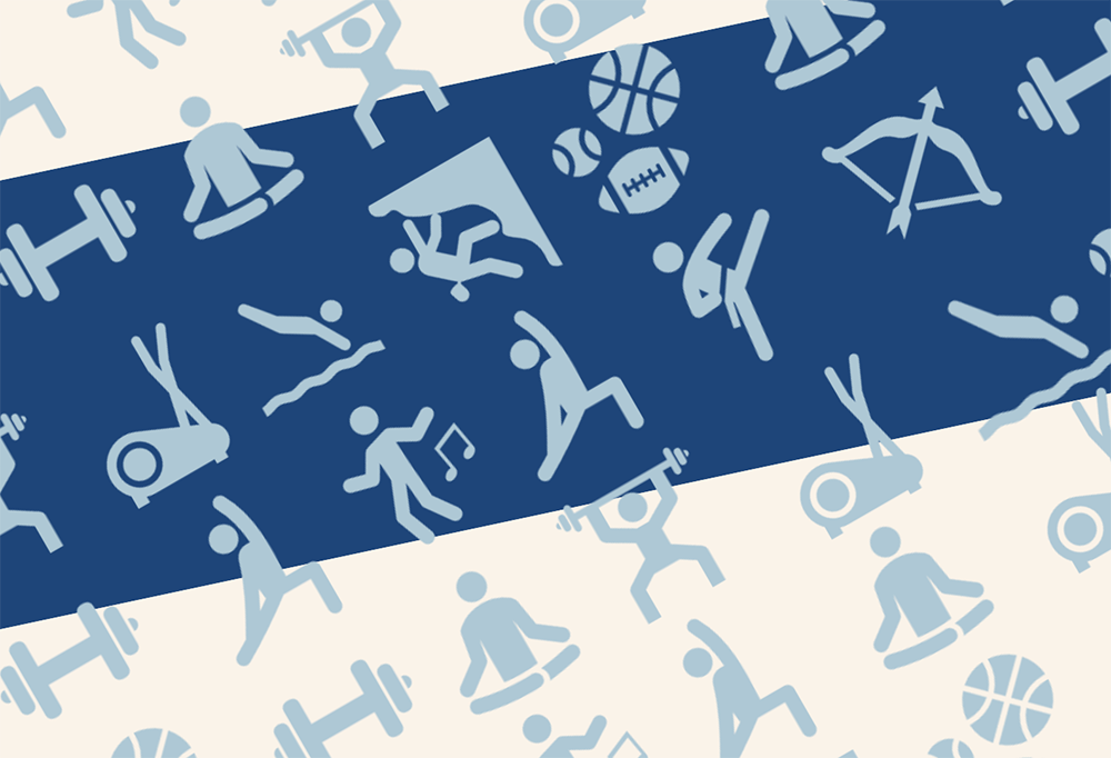 Grafische Illustration zum Thema körperliche Aktivität im Alltag: Hellblaue Symbole für verschiedene Bewegungsformen stehen für individuelle Bewegungsziele, die in der Studie durch personalisierte KI-Nachrichten unterstützt werden.