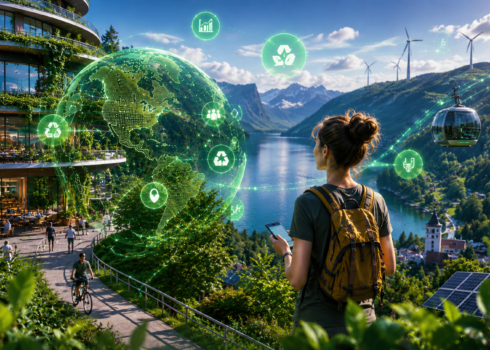 Touristin mit Smartphone im nachhaltigen Tourismus