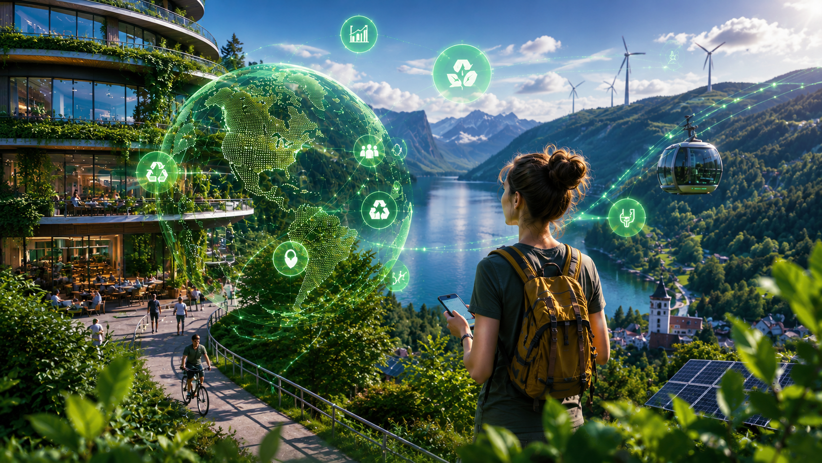 Touristin mit Smartphone im nachhaltigen Tourismus