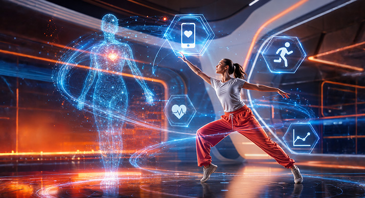 Tänzerin in einem futuristischen Raum vor einer digitalen Darstellung des menschlichen Körpers, umgeben von Symbolen für Gesundheit, Bewegung und Gesundheitsdaten.