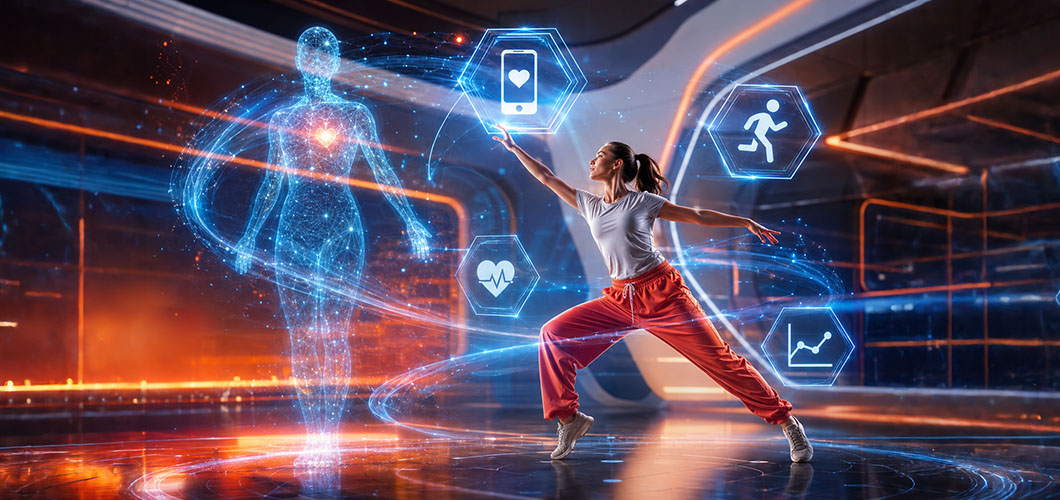 Dancer in a futuristic setting in front of a digital representation of the human body, surrounded by symbols for health, movement and health data.